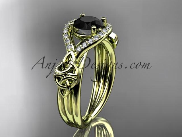 14kt yellow gold celtic trinity knot engagement ring ,diamond wedding ring with Black Diamond center stone CT785 - AnjaysDesigns