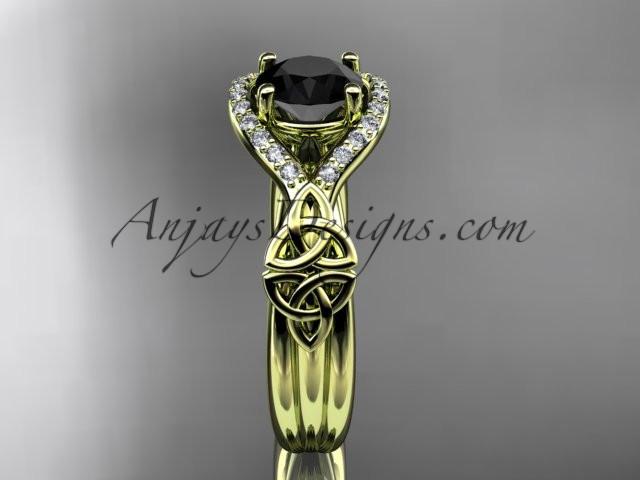 14kt yellow gold celtic trinity knot engagement ring ,diamond wedding ring with Black Diamond center stone CT785 - AnjaysDesigns