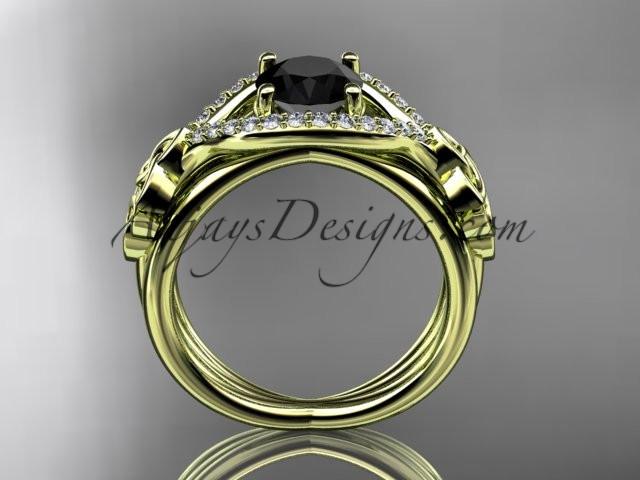 14kt yellow gold celtic trinity knot engagement ring ,diamond wedding ring with Black Diamond center stone CT785 - AnjaysDesigns