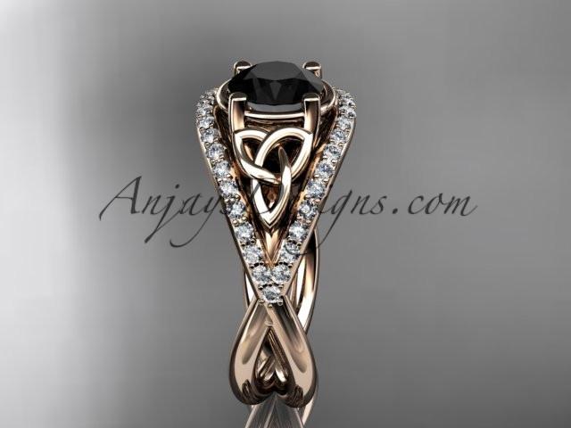 14kt rose gold celtic trinity knot engagement ring ,diamond wedding ring with Black Diamond center stone CT788 - AnjaysDesigns