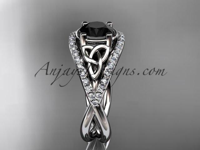 14kt white gold celtic trinity knot engagement ring ,diamond wedding ring with Black Diamond center stone CT788 - AnjaysDesigns