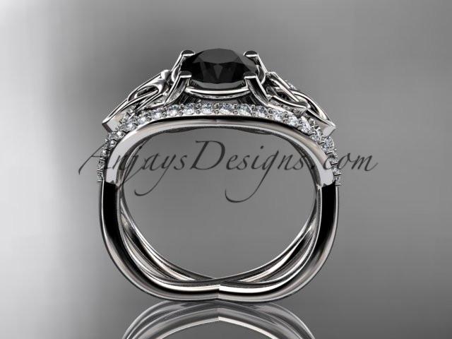 14kt white gold celtic trinity knot engagement ring ,diamond wedding ring with Black Diamond center stone CT788 - AnjaysDesigns