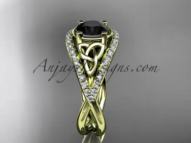 14kt yellow gold celtic trinity knot engagement ring ,diamond wedding ring with Black Diamond center stone CT788 - AnjaysDesigns