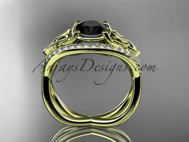 14kt yellow gold celtic trinity knot engagement ring ,diamond wedding ring with Black Diamond center stone CT788 - AnjaysDesigns