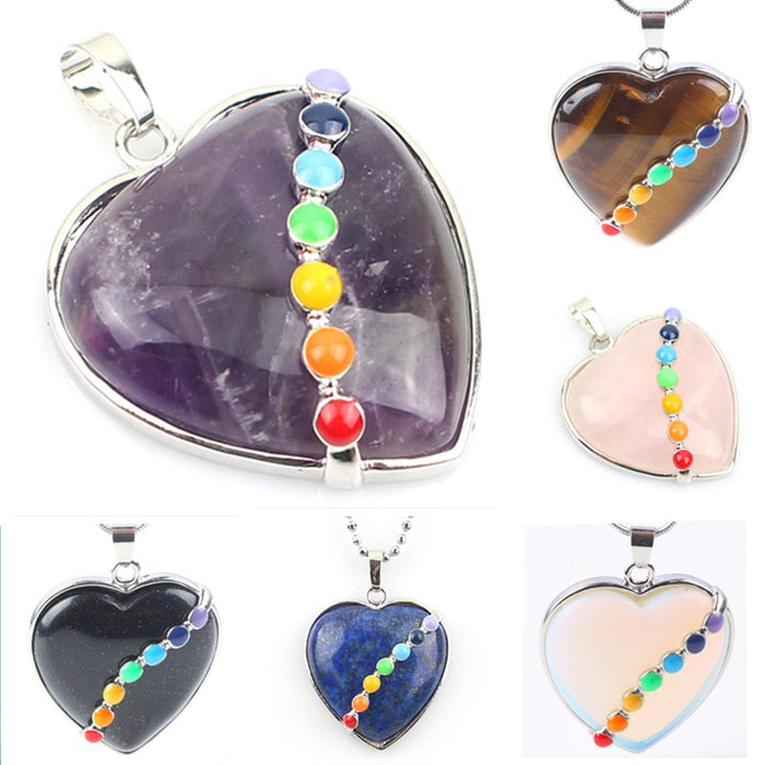 JLForest Heart Shaped Natural Stone Pendants For Necklace 7 Chakras Healing Reiki Pendants Crystal/Quartz/Opal/Tiger Eye Jewelry