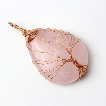 Natural Purple Quartz Opal Stone Pendants Rose Gold Tree Life Wire Wrapped Pendants Crystal Water Drop Shaped Pendants