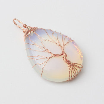 Natural Purple Quartz Opal Stone Pendants Rose Gold Tree Life Wire Wrapped Pendants Crystal Water Drop Shaped Pendants