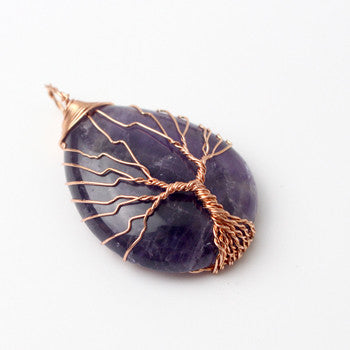 Natural Purple Quartz Opal Stone Pendants Rose Gold Tree Life Wire Wrapped Pendants Crystal Water Drop Shaped Pendants