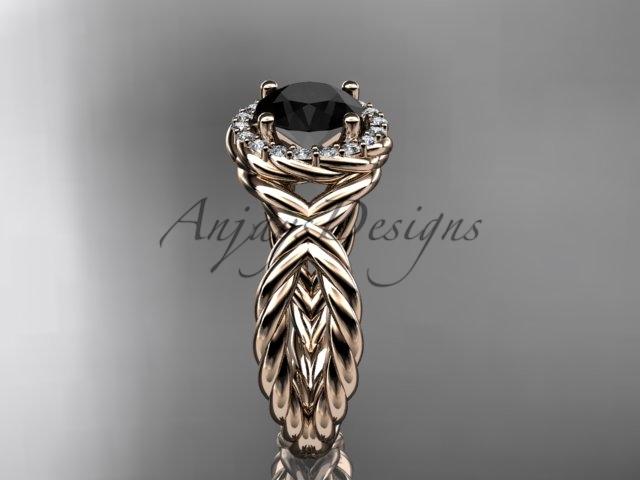 14kt rose gold rope halo diamond engagement ring with a Black Diamond center stone RP8127