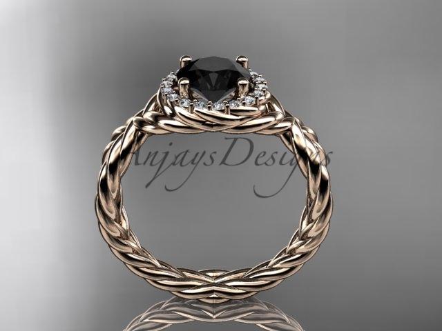 14kt rose gold rope halo diamond engagement ring with a Black Diamond center stone RP8127