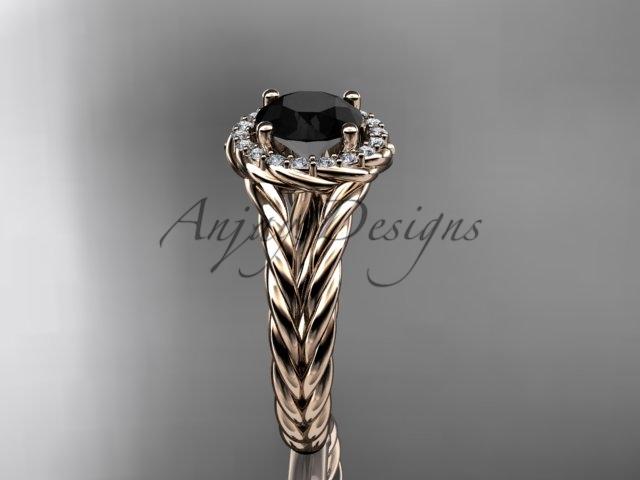 14kt rose gold rope halo diamond engagement ring with a Black Diamond center stone RP8131