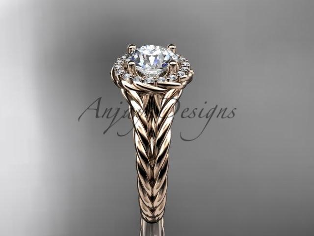 14kt rose gold rope halo diamond engagement ring with a "Forever One" Moissanite center stone RP8131