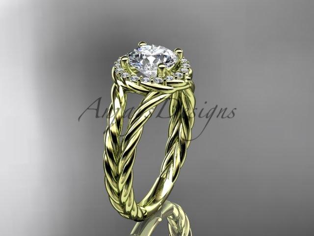 14kt yellow gold rope halo diamond engagement ring with a "Forever One" Moissanite center stone RP8131