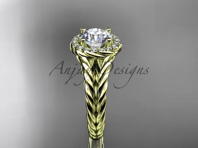 14kt yellow gold rope halo diamond engagement ring with a "Forever One" Moissanite center stone RP8131