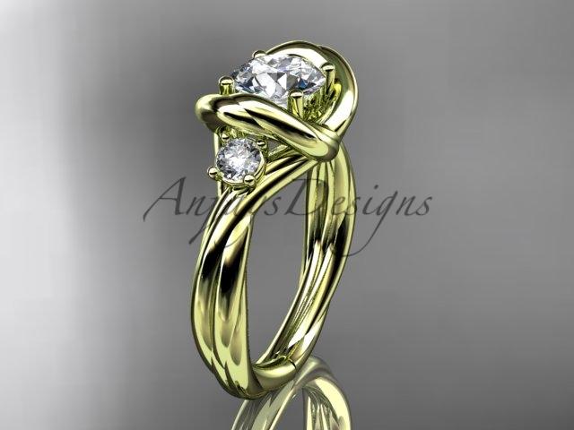 14kt yellow gold twisted rope three stone engagement ring with a "Forever One" Moissanite RP8146