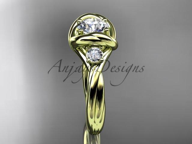 14kt yellow gold twisted rope three stone engagement ring with a "Forever One" Moissanite RP8146