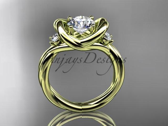 14kt yellow gold twisted rope three stone engagement ring with a "Forever One" Moissanite RP8146