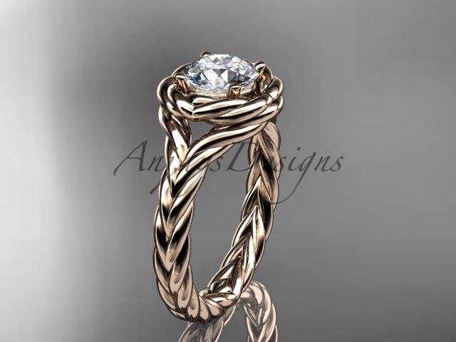 14kt rose gold twisted rope engagement ring with a "Forever One" Moissanite center stone RP8201