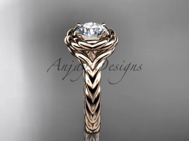 14kt rose gold twisted rope engagement ring with a "Forever One" Moissanite center stone RP8201