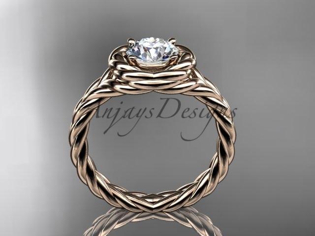 14kt rose gold twisted rope engagement ring with a "Forever One" Moissanite center stone RP8201
