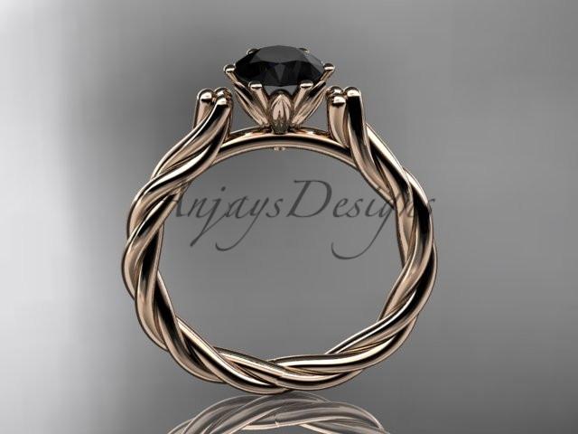 14k rose gold rope engagement ring with a Black Diamond center stone RP835