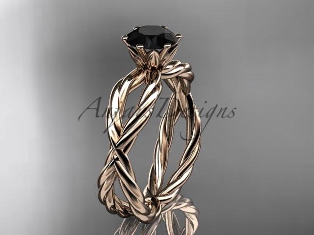 14k rose gold rope engagement ring with a Black Diamond center stone RP870