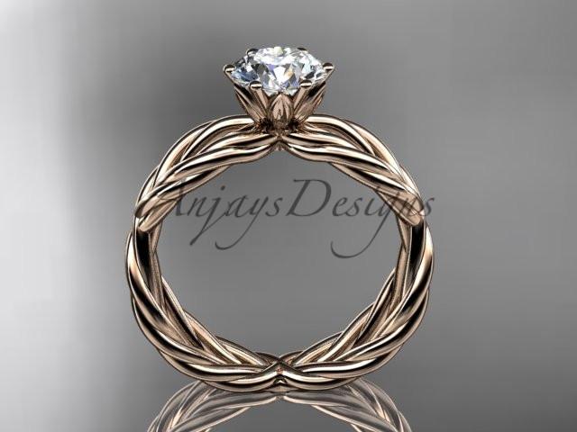 14k rose gold rope engagement ring with a "Forever One" Moissanite center stone RP870