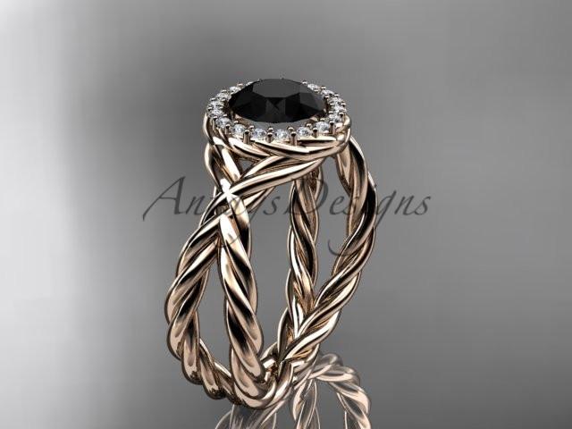 14kt rose gold diamond rope engagement ring with a Black Diamond center stone RP889