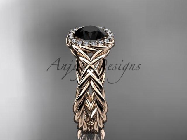14kt rose gold diamond rope engagement ring with a Black Diamond center stone RP889