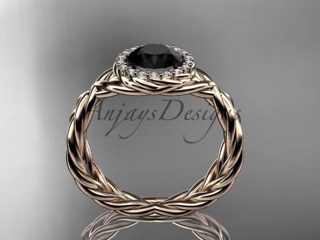 14kt rose gold diamond rope engagement ring with a Black Diamond center stone RP889