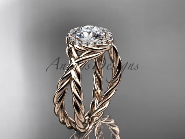 14kt rose gold diamond rope engagement ring "Forever One" Moissanite RP889