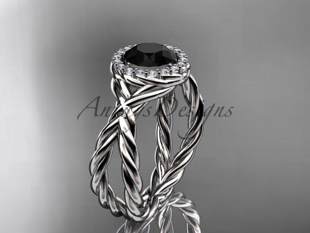 14kt white gold diamond rope engagement ring with a Black Diamond center stone RP889