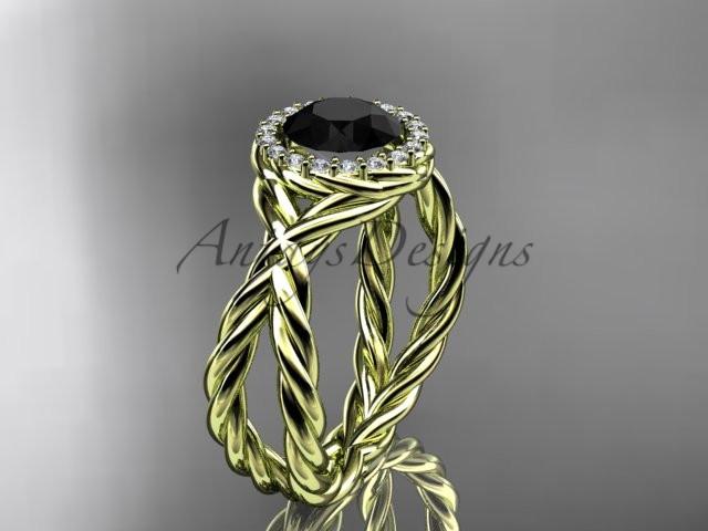 14kt yellow gold diamond rope engagement ring with a Black Diamond center stone RP889