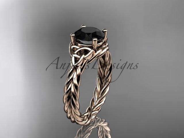 14kt rose gold rope triquetra celtic engagement ring with a Black Diamond center stone RPCT9112