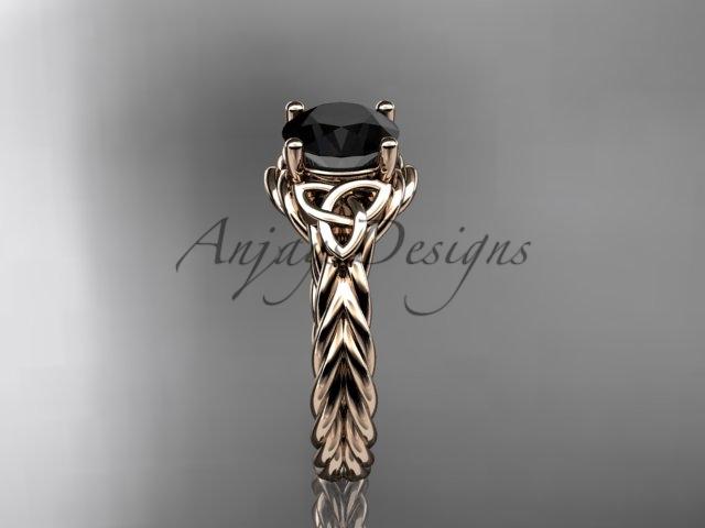14kt rose gold rope triquetra celtic engagement ring with a Black Diamond center stone RPCT9112