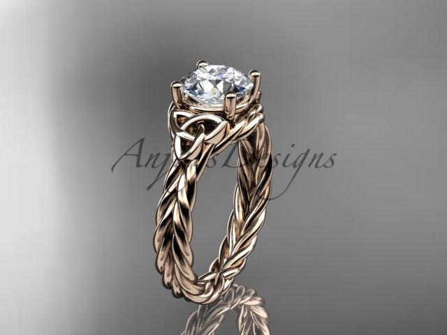14kt rose gold rope triquetra celtic engagement ring with a "Forever One" Moissanite center stone RPCT9112