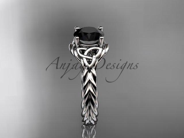 14kt white gold rope triquetra celtic engagement ring with a Black Diamond center stone RPCT9112