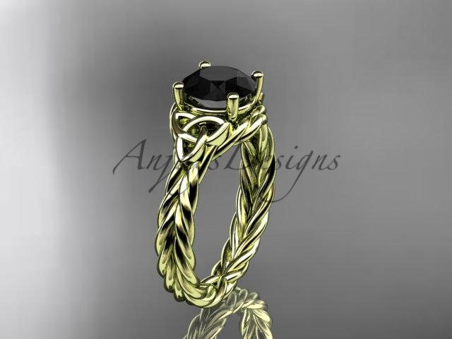 14kt yellow gold rope triquetra celtic engagement ring with a Black Diamond center stone RPCT9112
