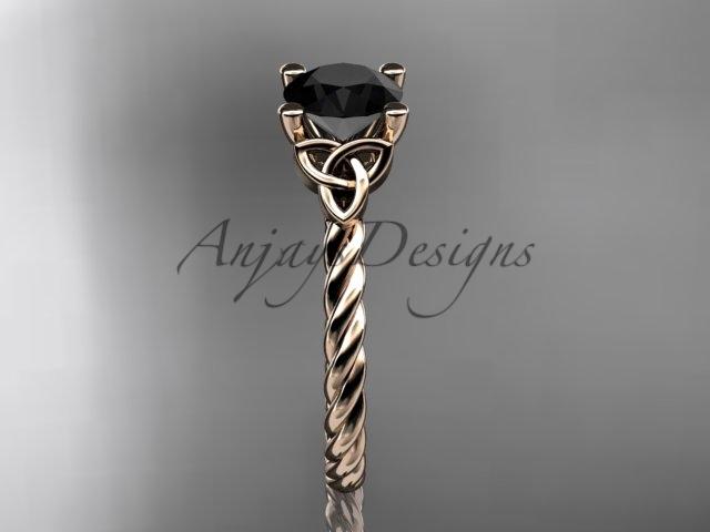 14kt rose gold rope triquetra celtic engagement ring with a Black Diamond center stone RPCT9116