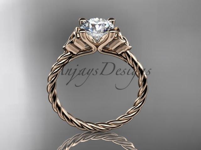 14kt rose gold rope triquetra celtic engagement ring with a "Forever One" Moissanite center stone RPCT9116