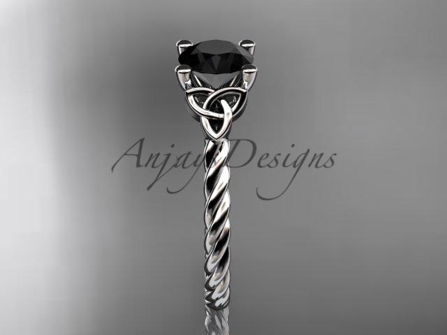 14kt white gold rope triquetra celtic engagement ring with a Black Diamond center stone RPCT9116