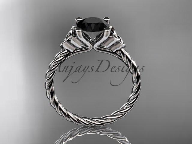 14kt white gold rope triquetra celtic engagement ring with a Black Diamond center stone RPCT9116