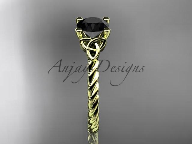 14kt yellow gold rope triquetra celtic engagement ring with a Black Diamond center stone RPCT9116