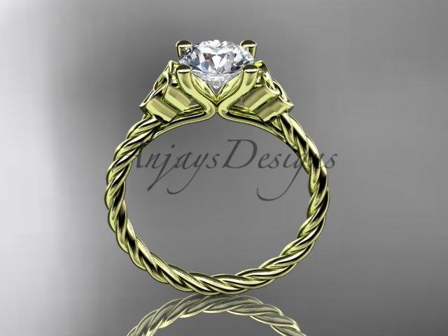 14kt yellow gold rope triquetra celtic engagement ring with a "Forever One" Moissanite center stone RPCT9116