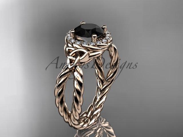14kt rose gold rope halo celtic triquetra engagement ring with a Black Diamond center stone RPCT9127