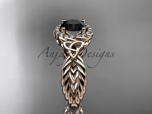 14kt rose gold rope halo celtic triquetra engagement ring with a Black Diamond center stone RPCT9127