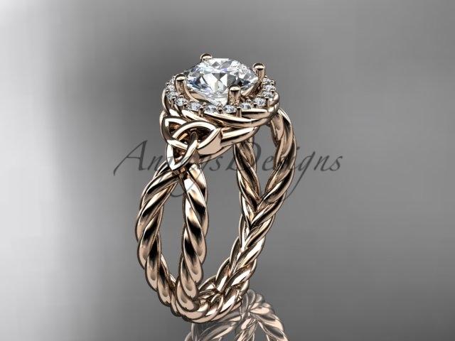 14kt rose gold rope halo celtic triquetra engagement ring with a "Forever One" Moissanite center stone RPCT9127