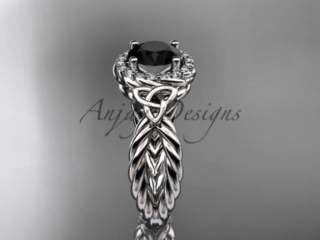 Platinum rope halo celtic triquetra engagement ring with a Black Diamond center stone RPCT9127