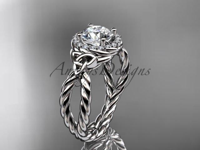 14kt white gold rope halo celtic triquetra engagement ring with a "Forever One" Moissanite center stone RPCT9127