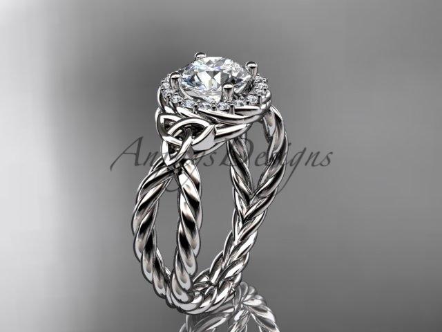 Platinum rope halo celtic triquetra engagement ring with a "Forever One" Moissanite center stone RPCT9127